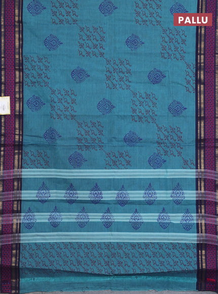 Chettinad cotton saree blue shade and navy blue with allover prints and thread & zari woven border