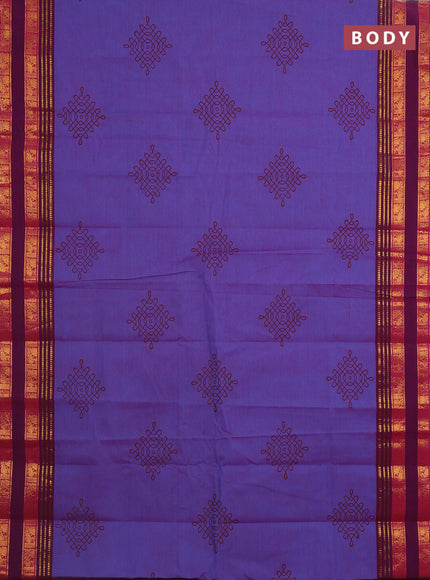 Chettinad cotton saree dual shade of blue and dark magenta pink with rangoli butta prints and rettapet zari woven border