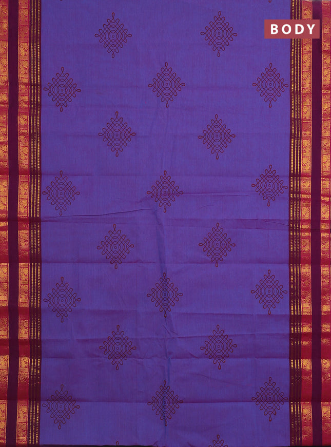 Chettinad cotton saree dual shade of blue and dark magenta pink with rangoli butta prints and rettapet zari woven border