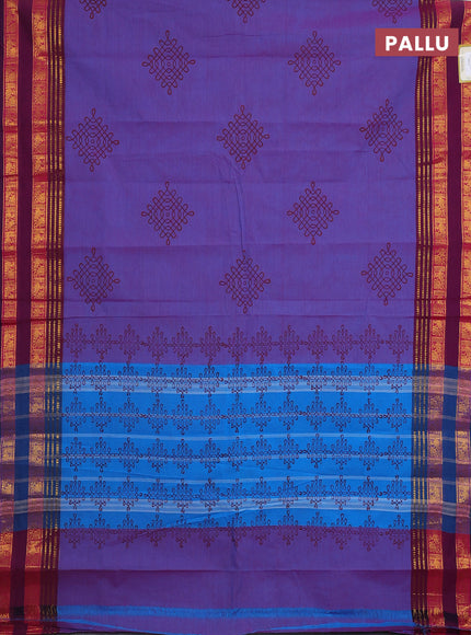 Chettinad cotton saree dual shade of blue and dark magenta pink with rangoli butta prints and rettapet zari woven border