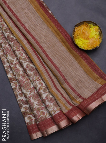 Linen cotton saree cream and maroon with allover prints & zari checks and zari woven border