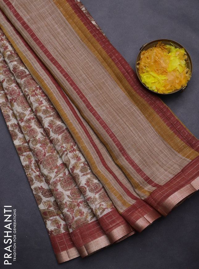 Linen cotton saree cream and maroon with allover prints & zari checks and zari woven border