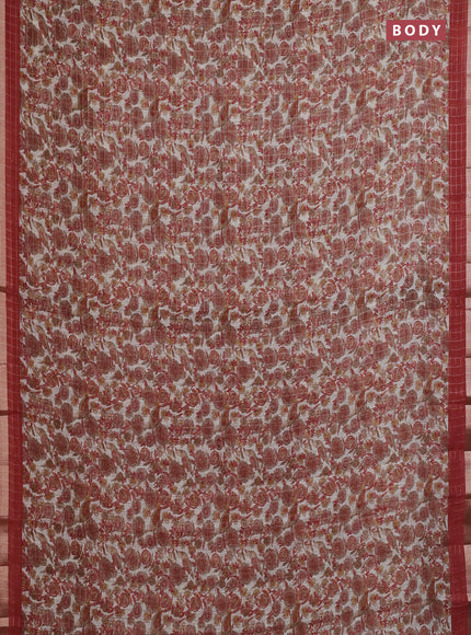 Linen cotton saree cream and maroon with allover prints & zari checks and zari woven border