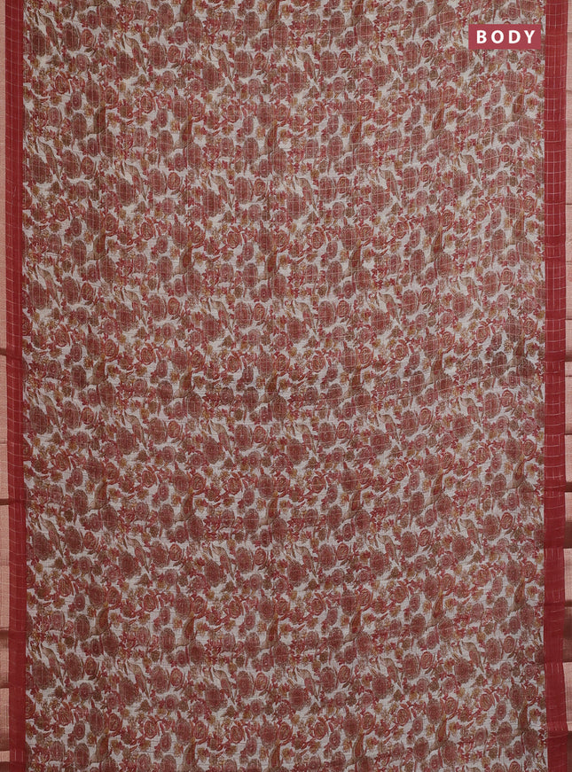 Linen cotton saree cream and maroon with allover prints & zari checks and zari woven border