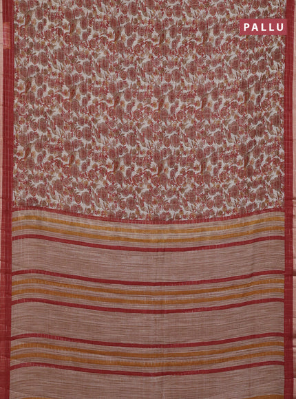 Linen cotton saree cream and maroon with allover prints & zari checks and zari woven border