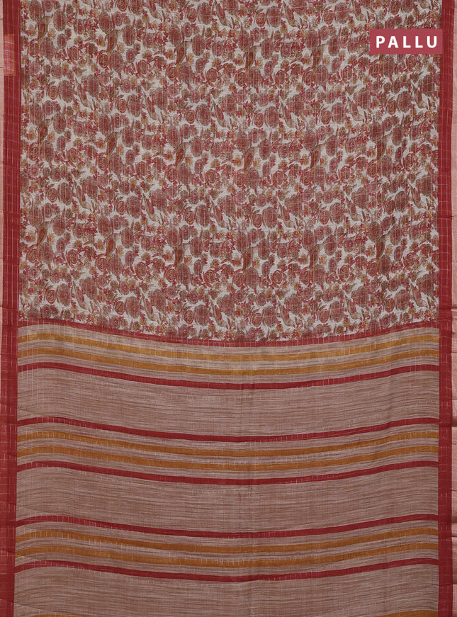 Linen cotton saree cream and maroon with allover prints & zari checks and zari woven border