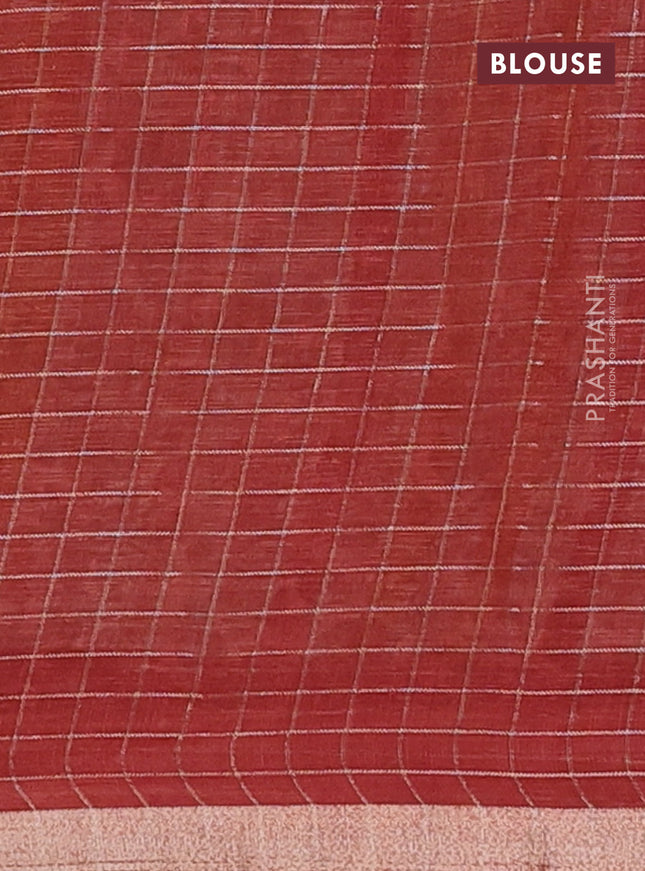 Linen cotton saree cream and maroon with allover prints & zari checks and zari woven border