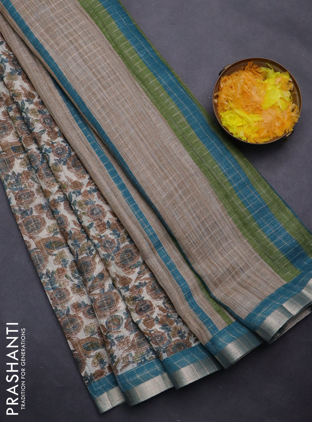 Linen cotton saree cream and peacock blue with allover prints & zari checks and zari woven border