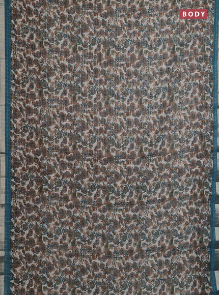 Linen cotton saree cream and peacock blue with allover prints & zari checks and zari woven border