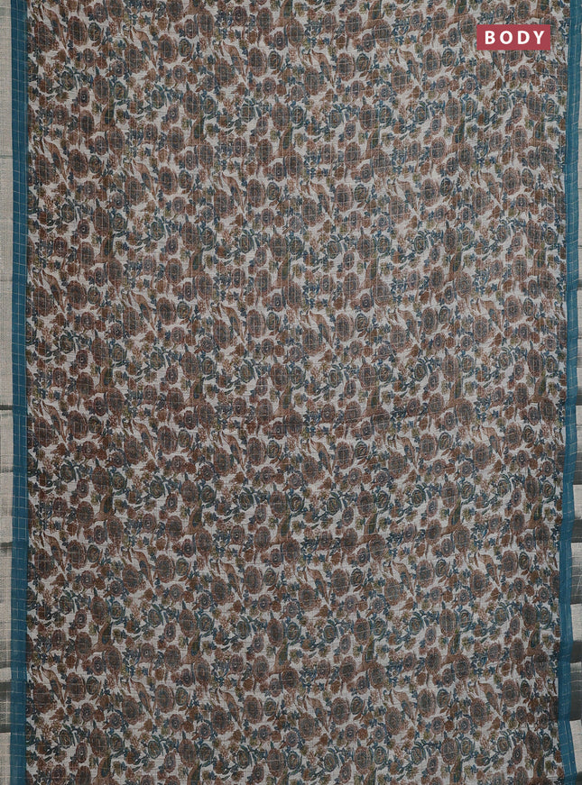 Linen cotton saree cream and peacock blue with allover prints & zari checks and zari woven border