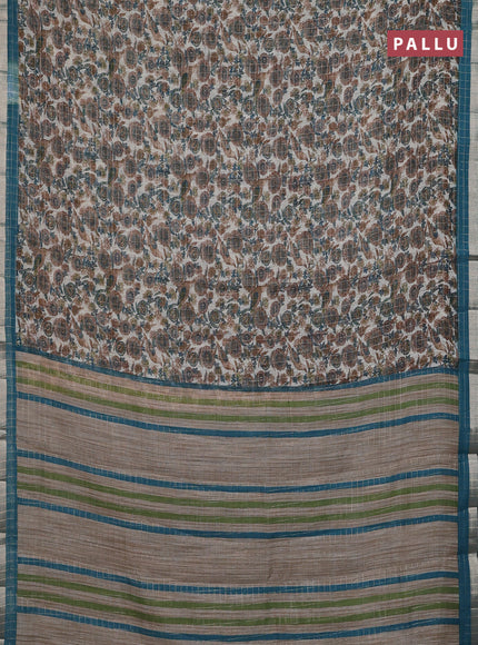 Linen cotton saree cream and peacock blue with allover prints & zari checks and zari woven border