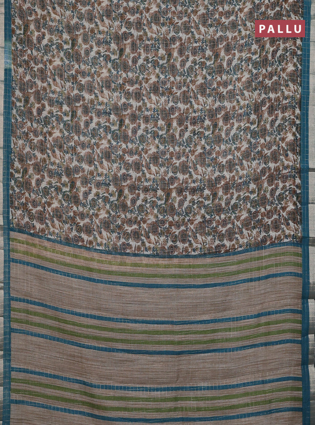 Linen cotton saree cream and peacock blue with allover prints & zari checks and zari woven border