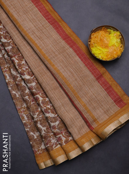 Linen cotton saree cream and mustard yellow with allover prints & zari checks and zari woven border