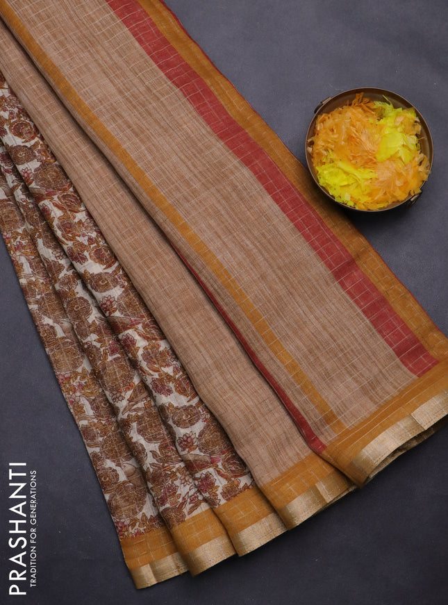 Linen cotton saree cream and mustard yellow with allover prints & zari checks and zari woven border