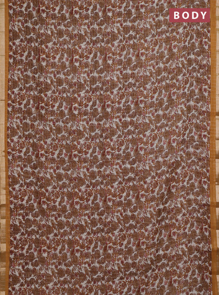 Linen cotton saree cream and mustard yellow with allover prints & zari checks and zari woven border