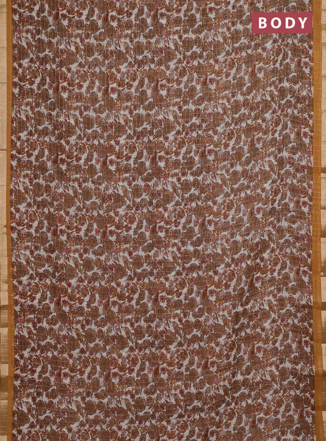 Linen cotton saree cream and mustard yellow with allover prints & zari checks and zari woven border