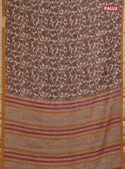 Linen cotton saree cream and mustard yellow with allover prints & zari checks and zari woven border