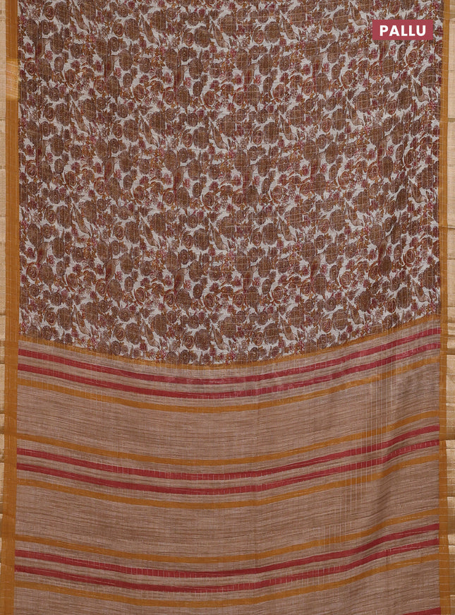 Linen cotton saree cream and mustard yellow with allover prints & zari checks and zari woven border