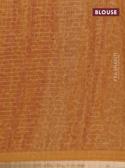 Linen cotton saree cream and mustard yellow with allover prints & zari checks and zari woven border