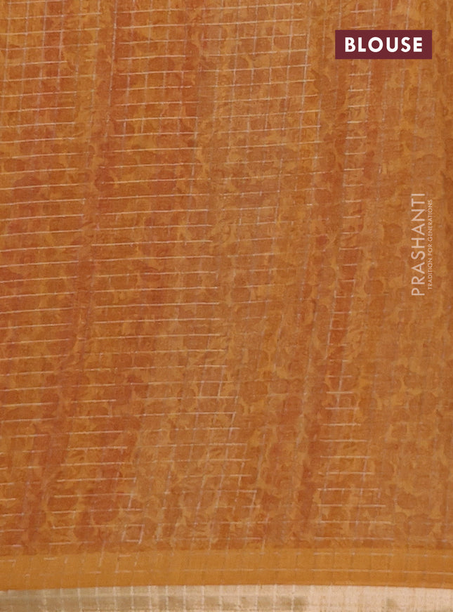 Linen cotton saree cream and mustard yellow with allover prints & zari checks and zari woven border