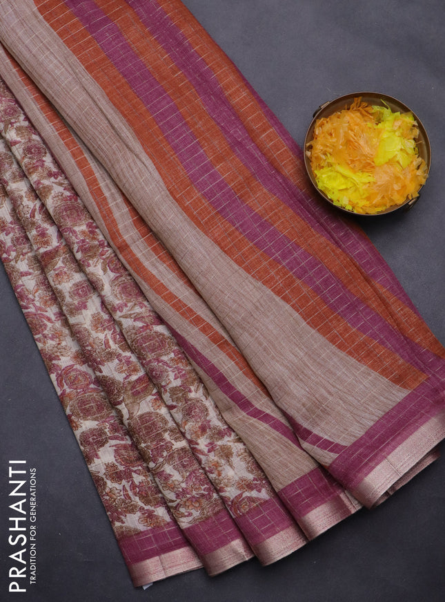 Linen cotton saree cream and wine shade with allover prints & zari checks and zari woven border