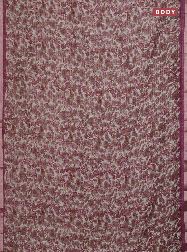 Linen cotton saree cream and wine shade with allover prints & zari checks and zari woven border