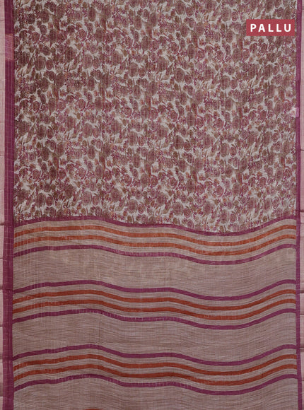 Linen cotton saree cream and wine shade with allover prints & zari checks and zari woven border