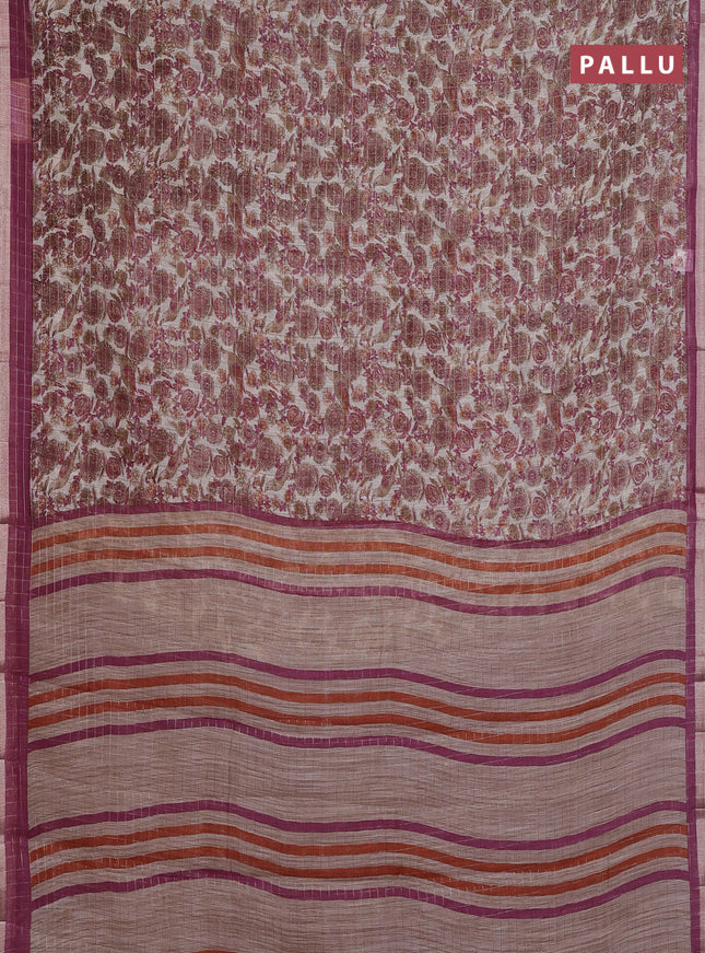 Linen cotton saree cream and wine shade with allover prints & zari checks and zari woven border