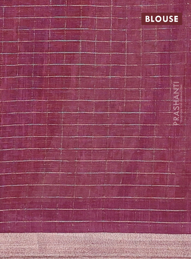 Linen cotton saree cream and wine shade with allover prints & zari checks and zari woven border