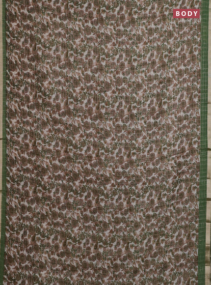 Linen cotton saree cream and green with allover prints & zari checks and zari woven border