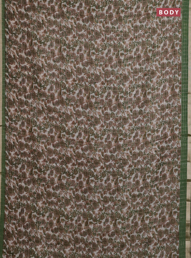 Linen cotton saree cream and green with allover prints & zari checks and zari woven border
