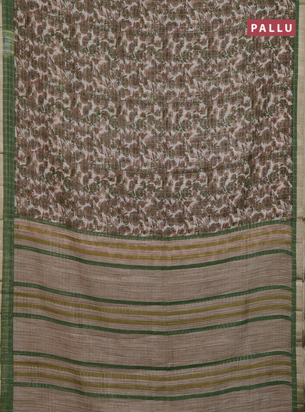 Linen cotton saree cream and green with allover prints & zari checks and zari woven border