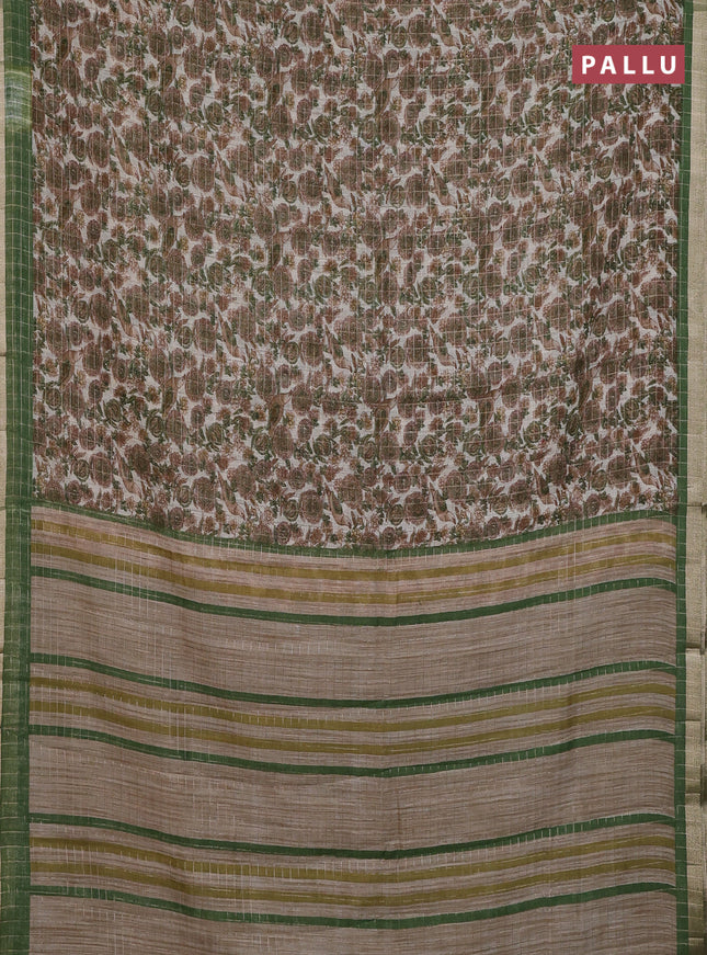 Linen cotton saree cream and green with allover prints & zari checks and zari woven border