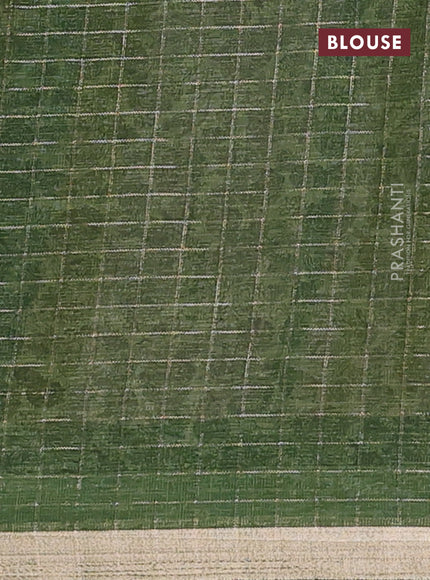 Linen cotton saree cream and green with allover prints & zari checks and zari woven border