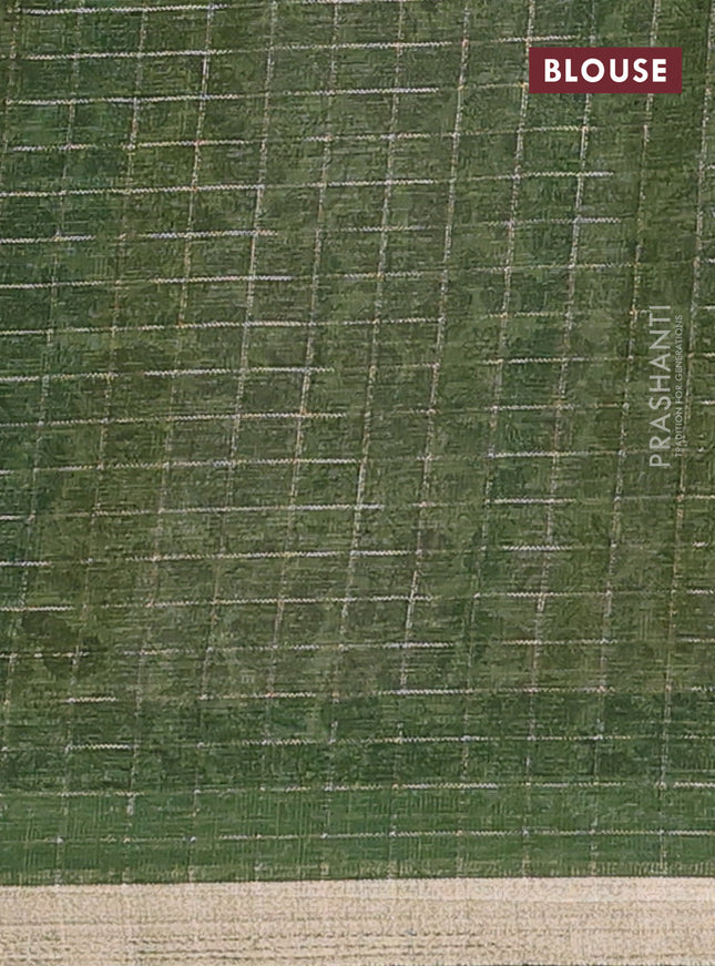 Linen cotton saree cream and green with allover prints & zari checks and zari woven border