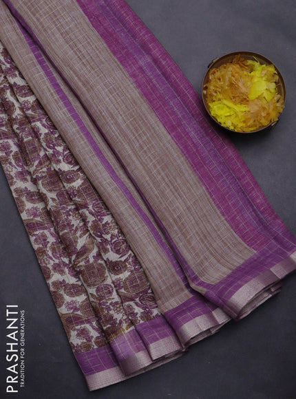 Linen cotton saree cream and purple with allover prints & zari checks and zari woven border