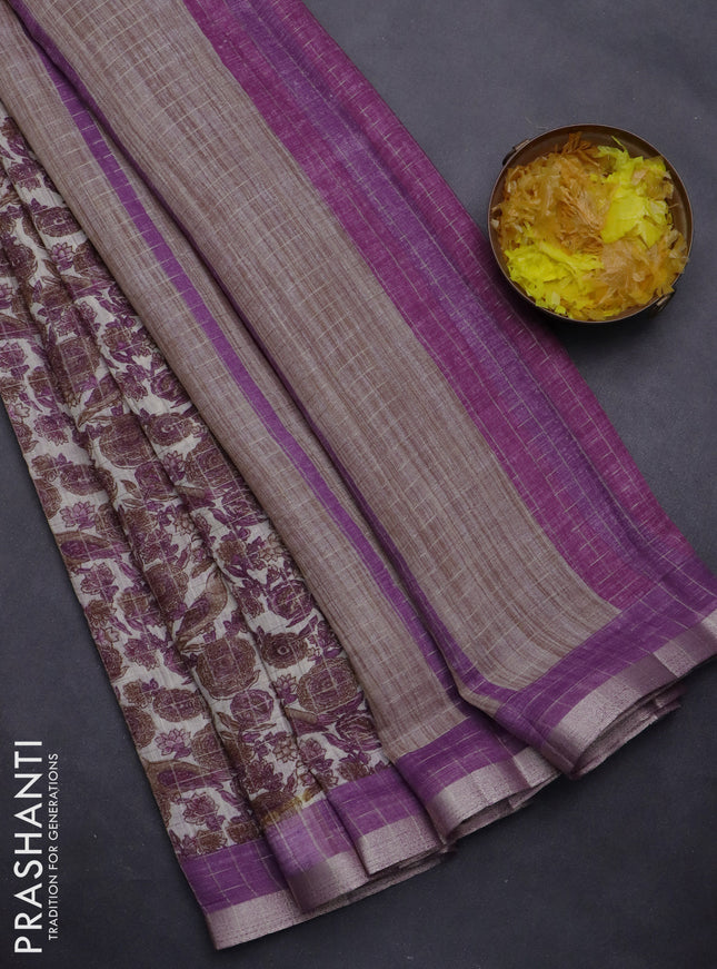 Linen cotton saree cream and purple with allover prints & zari checks and zari woven border