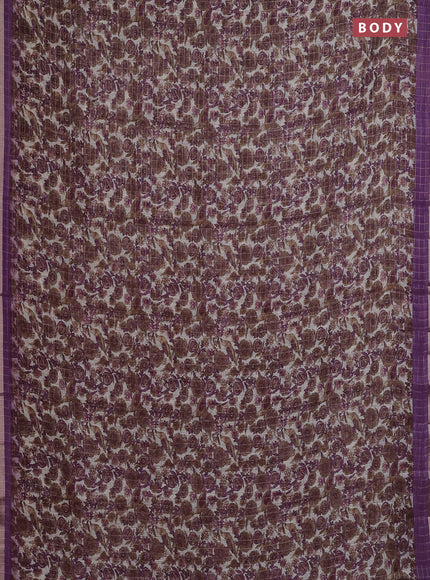 Linen cotton saree cream and purple with allover prints & zari checks and zari woven border