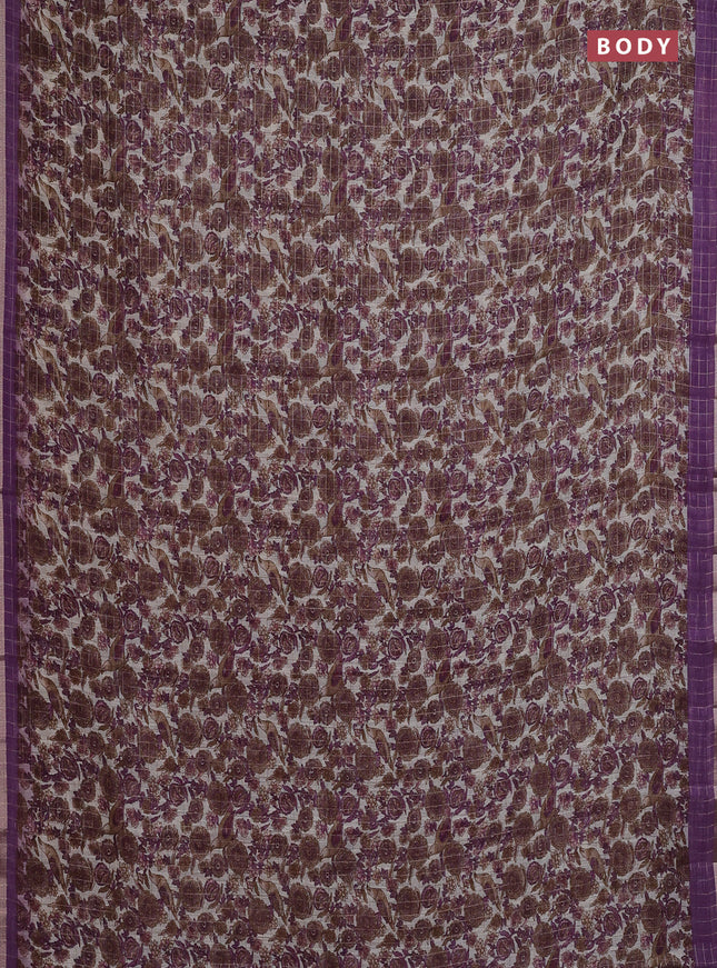 Linen cotton saree cream and purple with allover prints & zari checks and zari woven border
