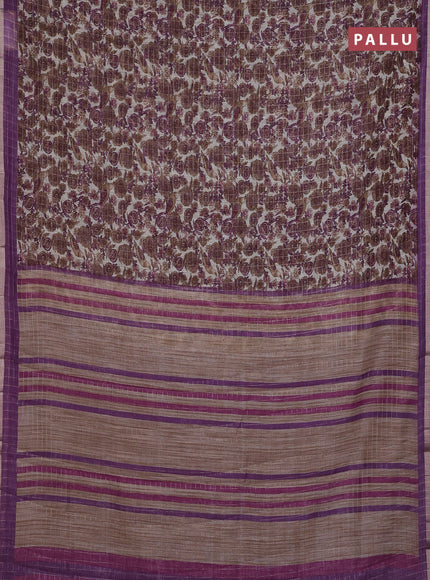 Linen cotton saree cream and purple with allover prints & zari checks and zari woven border