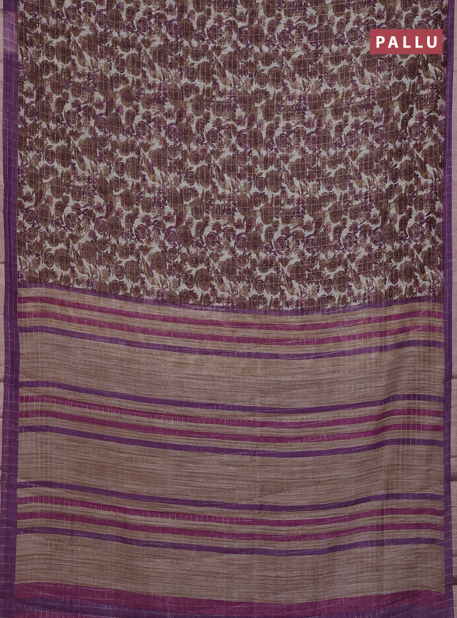 Linen cotton saree cream and purple with allover prints & zari checks and zari woven border