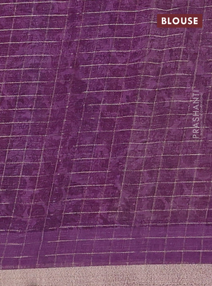 Linen cotton saree cream and purple with allover prints & zari checks and zari woven border