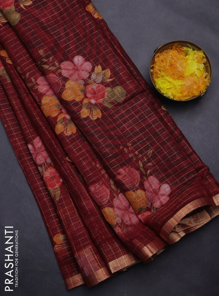Linen cotton saree deep maroon with allover floral prints & zari checks and zari woven border