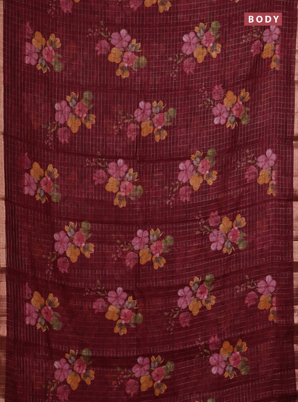 Linen cotton saree deep maroon with allover floral prints & zari checks and zari woven border