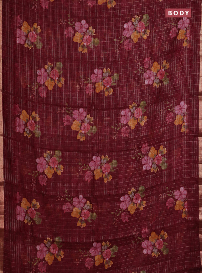 Linen cotton saree deep maroon with allover floral prints & zari checks and zari woven border