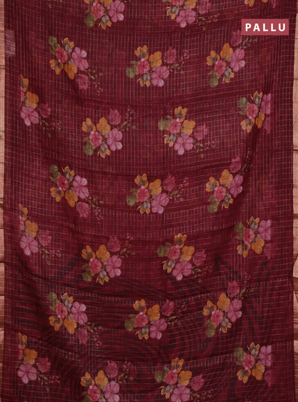 Linen cotton saree deep maroon with allover floral prints & zari checks and zari woven border