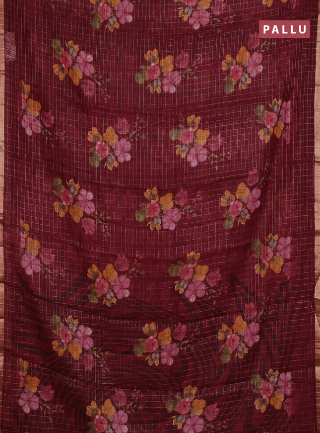 Linen cotton saree deep maroon with allover floral prints & zari checks and zari woven border