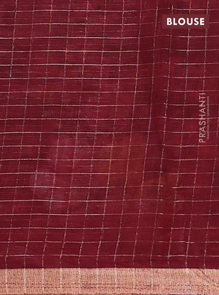 Linen cotton saree deep maroon with allover floral prints & zari checks and zari woven border