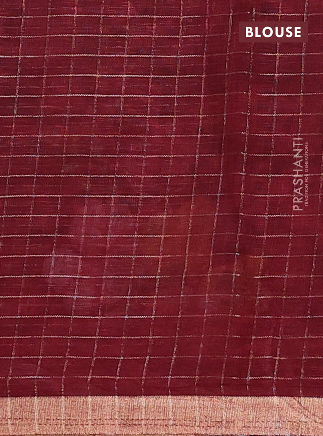 Linen cotton saree deep maroon with allover floral prints & zari checks and zari woven border