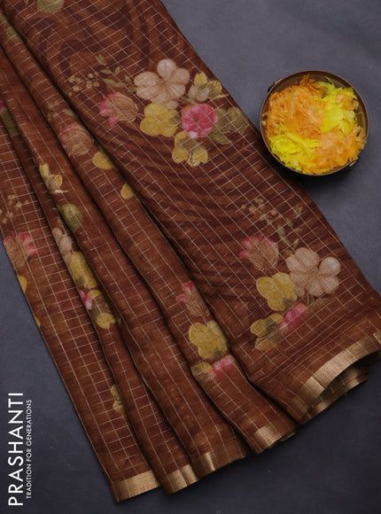 Linen cotton saree brown shade with allover floral prints & zari checks and zari woven border